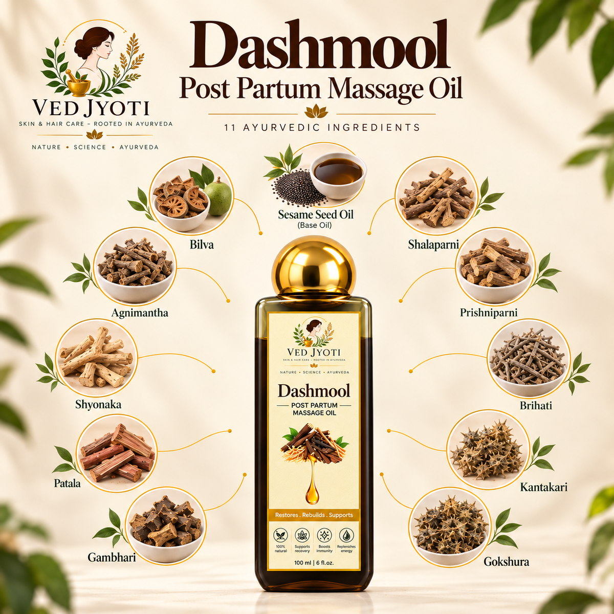 Vedjyoti Dashmool Skin Oil — Traditional Ayurvedic Herbal Oil for Skin Care & Massage