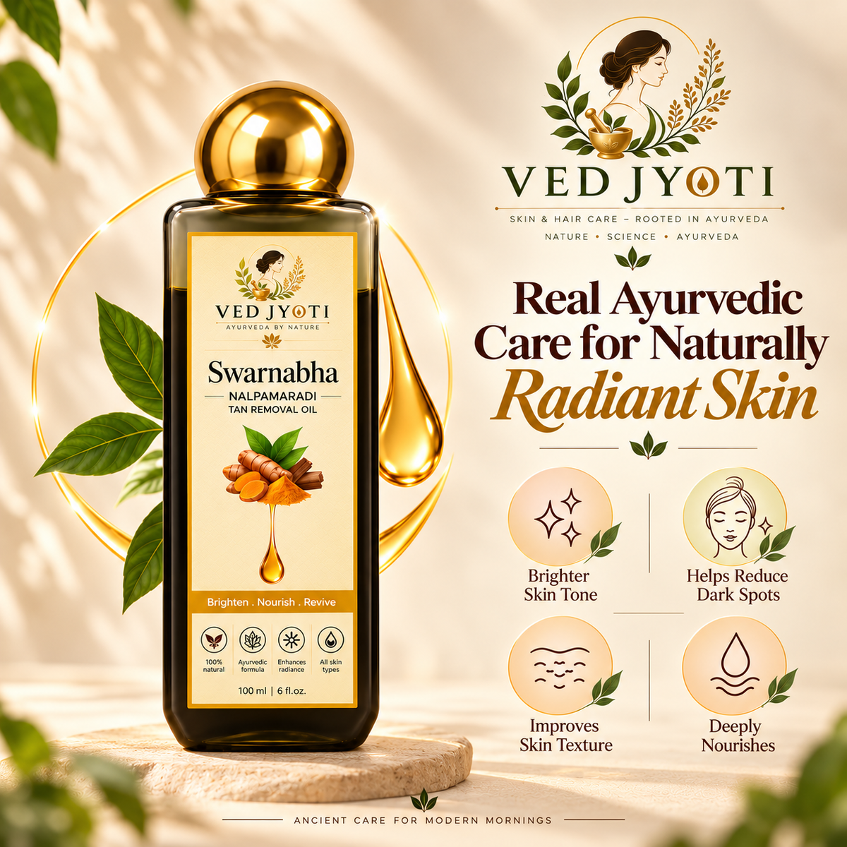 Vedjyoti Swarnabha Nalpamaradi Skin Oil — Traditional Ayurvedic Skin Oil for Everyday Skin Care | Tan Removal Oil