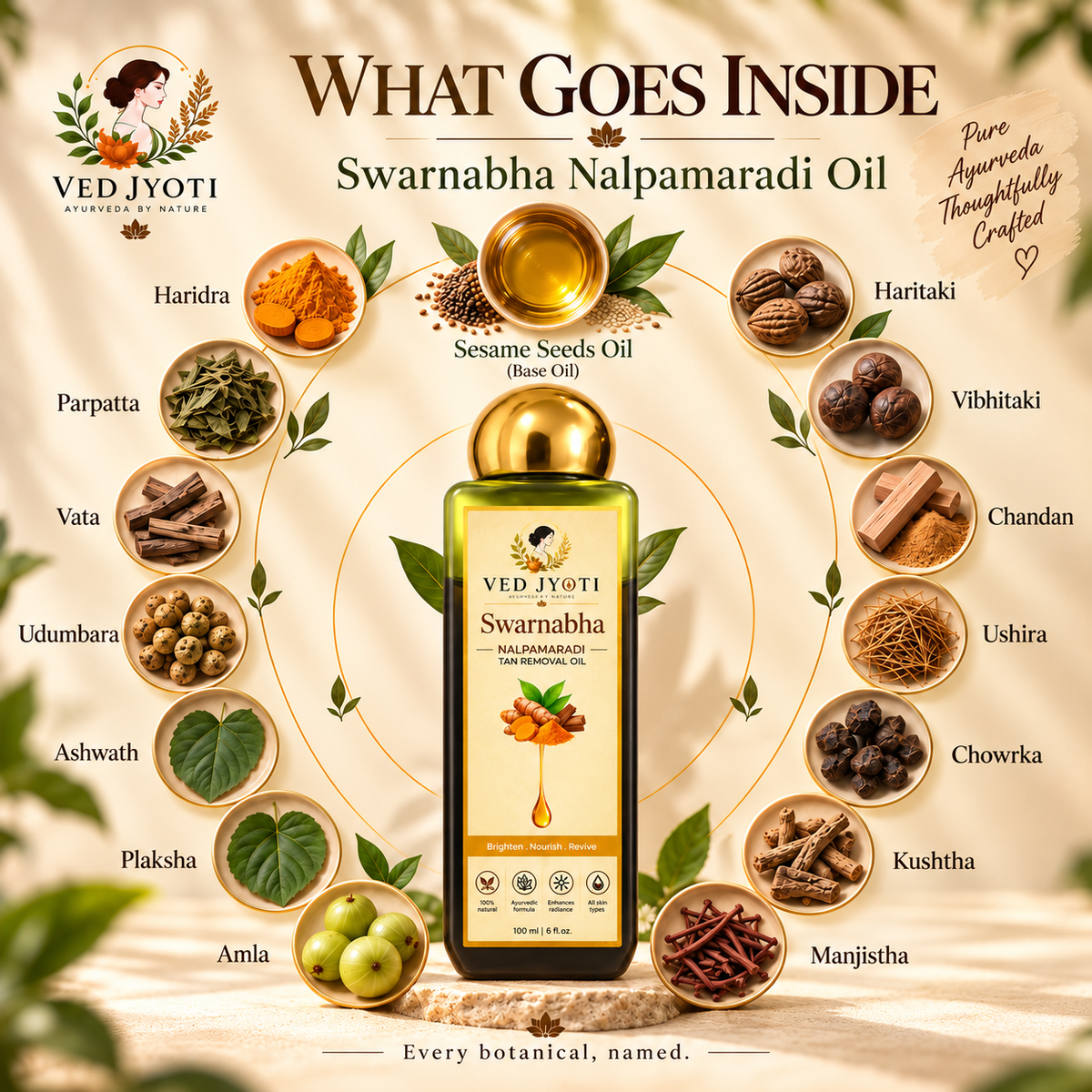 Vedjyoti Swarnabha Nalpamaradi Skin Oil — Traditional Ayurvedic Skin Oil for Everyday Skin Care | Tan Removal Oil